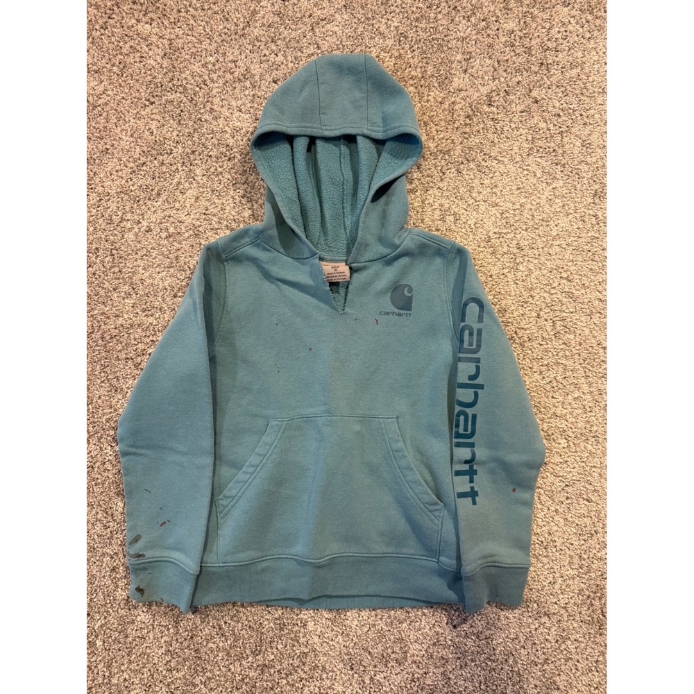 Carhartt Hoodie Kids Size 8 Blue Teal Pullover Logo Sleeve Fleece Stained *